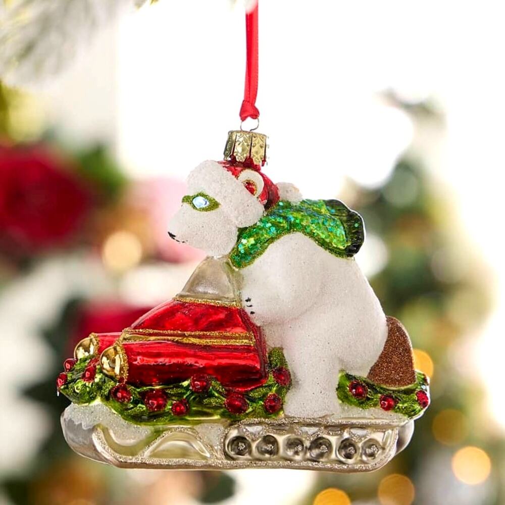 Neiman Marcus Snow Bear on Sled Hand Blown Glass Christmas Ornament Poland